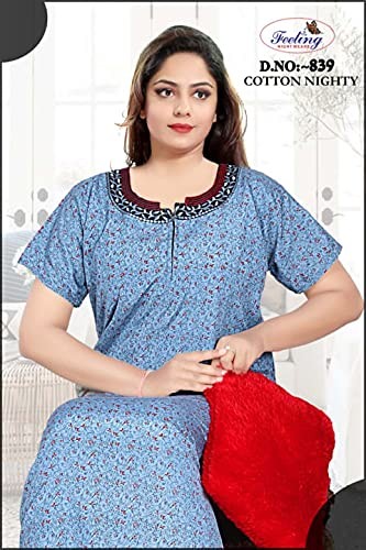 Cotton, Micro Polyester V Neck Printed A-line Night Gown for Women